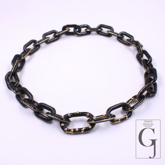 Designer Black Enamel Necklace With Lab Grown Diamonds - Brass Jewelry Handmade Finish Jewelry