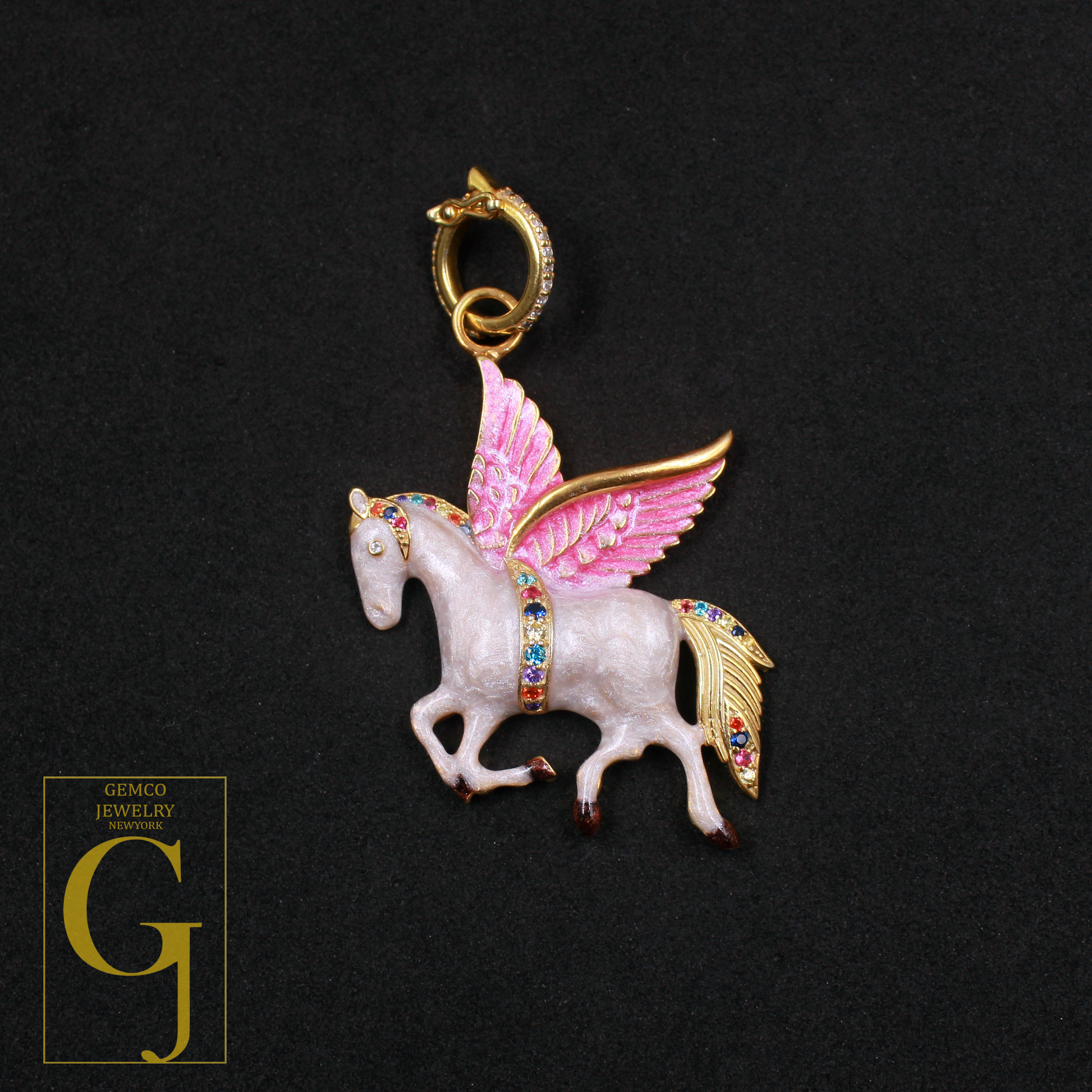 Designer Enamel Pagasus Pendant With Multi Sapphire And Lab Grown Diamond - 925 Sterling Silver Beautiful Jewelry For Her
