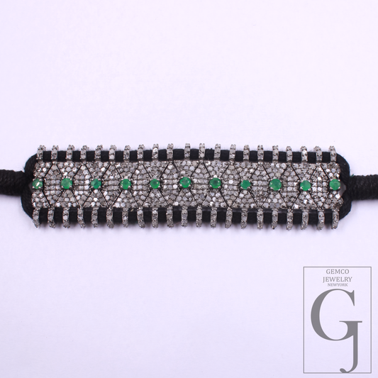 Natural Emerald Thread Bracelet With Pave Diamond - 925 Sterling Silver Handmade Finish Diamond Jewelry Gift For Her