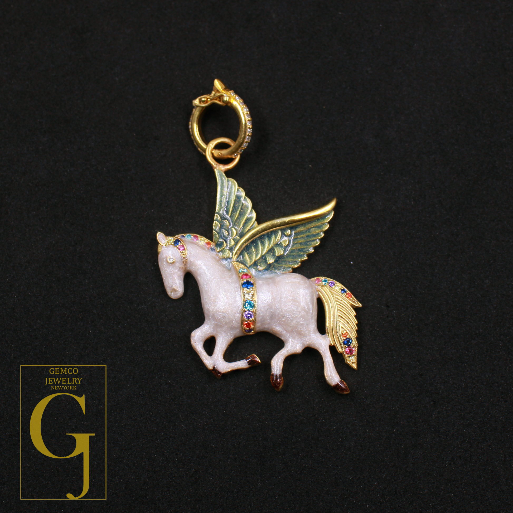 Designer Enamel Pagasus Pendant With Multi Sapphire And Lab Grown Diamond - 925 Sterling Silver Beautiful Jewelry For Her