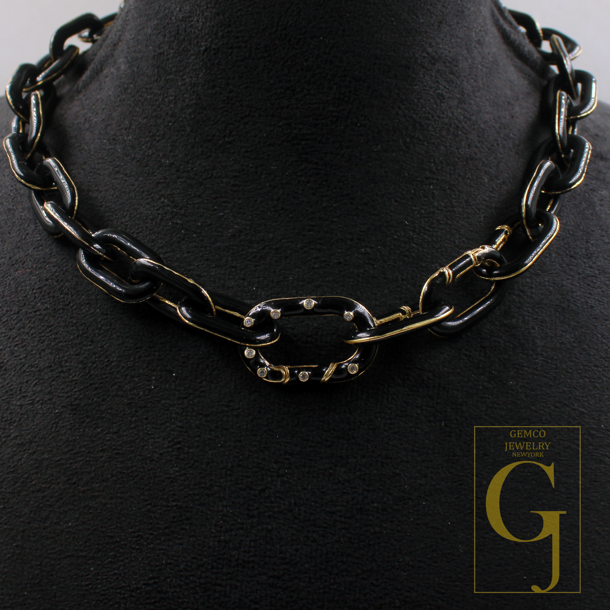 Designer Black Enamel Necklace With Lab Grown Diamonds - Brass Jewelry Handmade Finish Jewelry