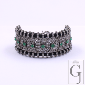Natural Emerald Thread Bracelet With Pave Diamond - 925 Sterling Silver Handmade Finish Diamond Jewelry Gift For Her
