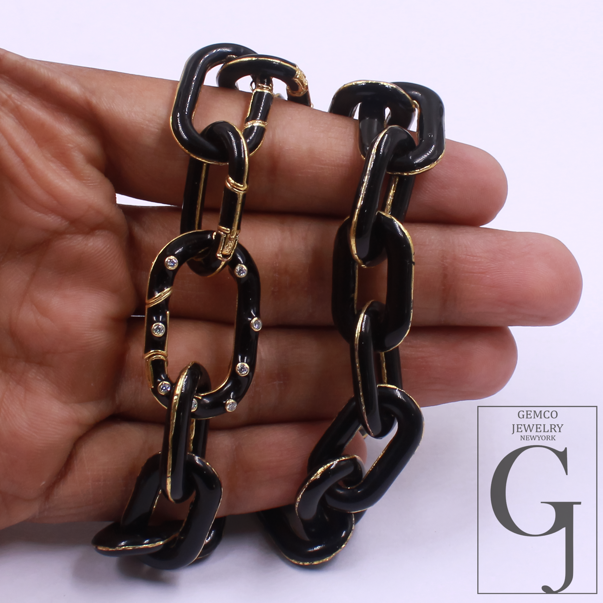 Designer Black Enamel Necklace With Lab Grown Diamonds - Brass Jewelry Handmade Finish Jewelry