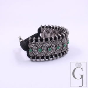 Natural Emerald Thread Bracelet With Pave Diamond - 925 Sterling Silver Handmade Finish Diamond Jewelry Gift For Her