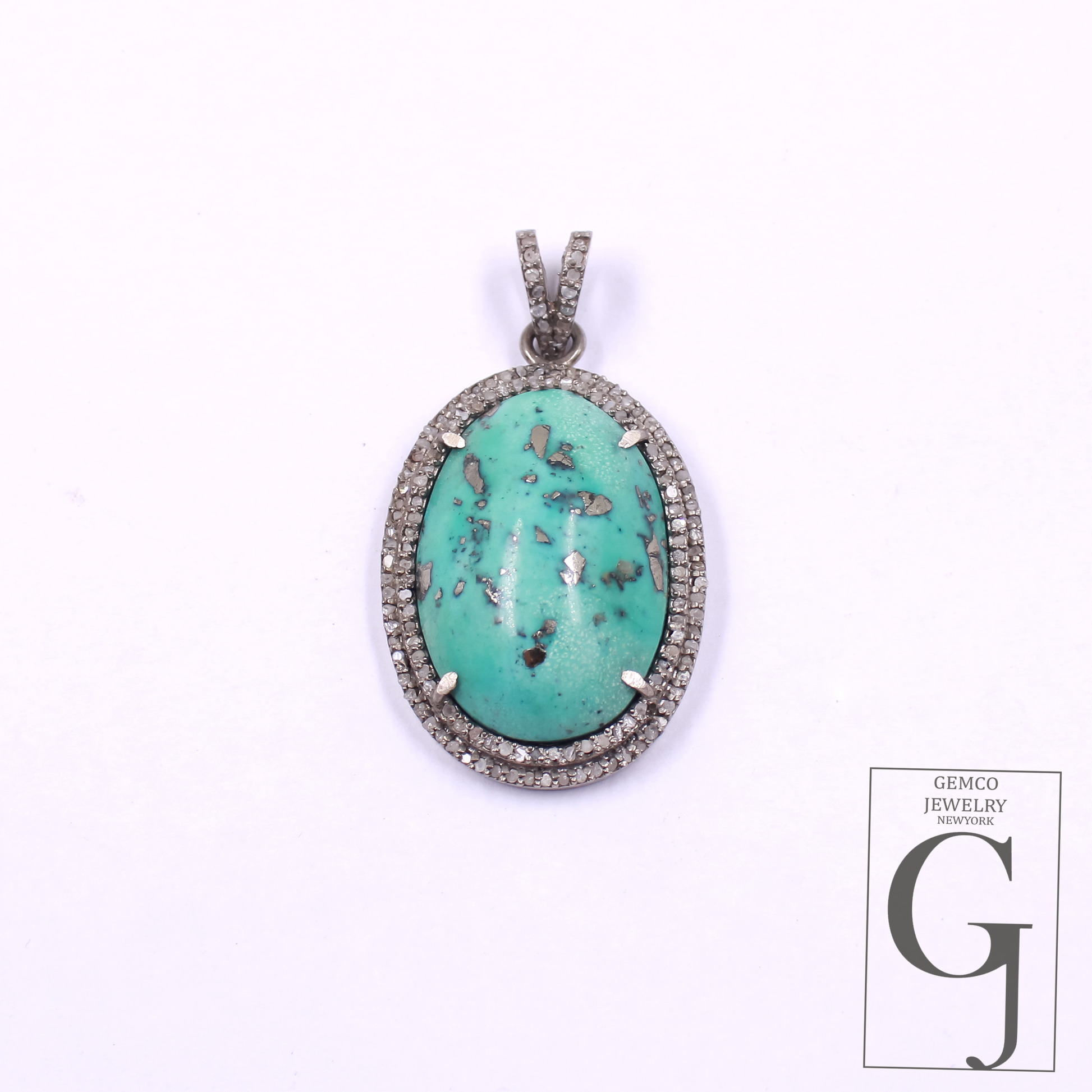 Natural Turquoise Pendant With Pave Diamonds - 925 Sterling Silver Handmade Finish Jewelry For Her