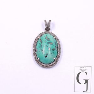 Natural Turquoise Pendant With Pave Diamonds - 925 Sterling Silver Handmade Finish Jewelry For Her