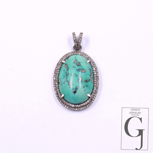 Natural Turquoise Pendant With Pave Diamonds - 925 Sterling Silver Handmade Finish Jewelry For Her