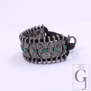 Natural Emerald Thread Bracelet With Pave Diamond - 925 Sterling Silver Handmade Finish Diamond Jewelry Gift For Her
