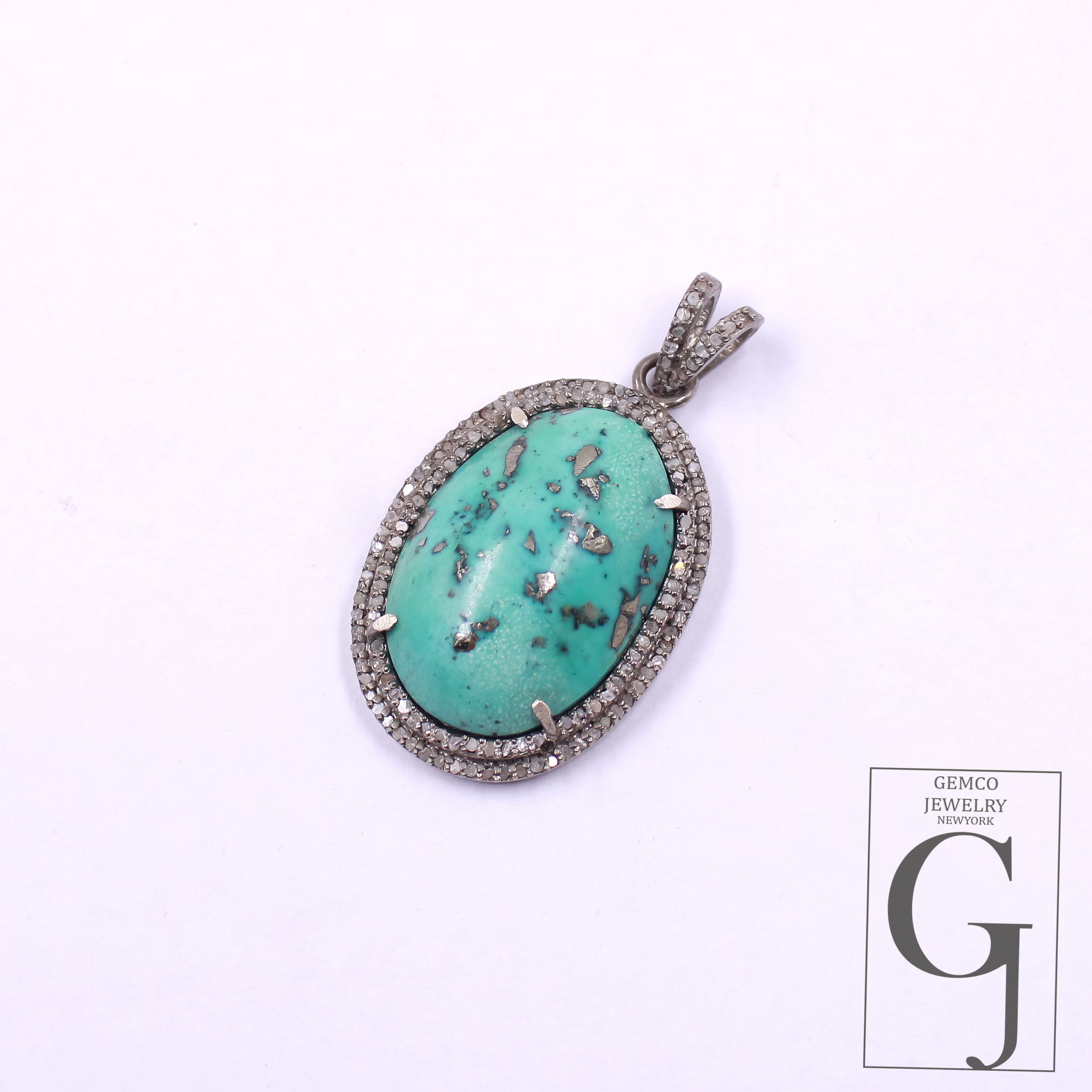 Natural Turquoise Pendant With Pave Diamonds - 925 Sterling Silver Handmade Finish Jewelry For Her