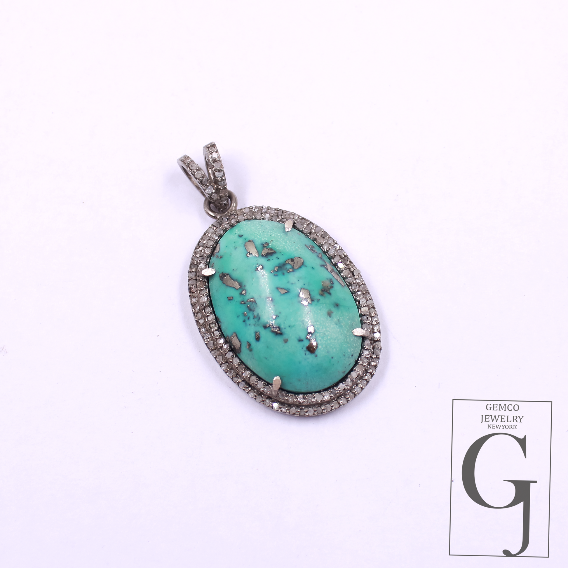 Natural Turquoise Pendant With Pave Diamonds - 925 Sterling Silver Handmade Finish Jewelry For Her