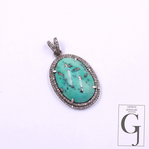Natural Turquoise Pendant With Pave Diamonds - 925 Sterling Silver Handmade Finish Jewelry For Her