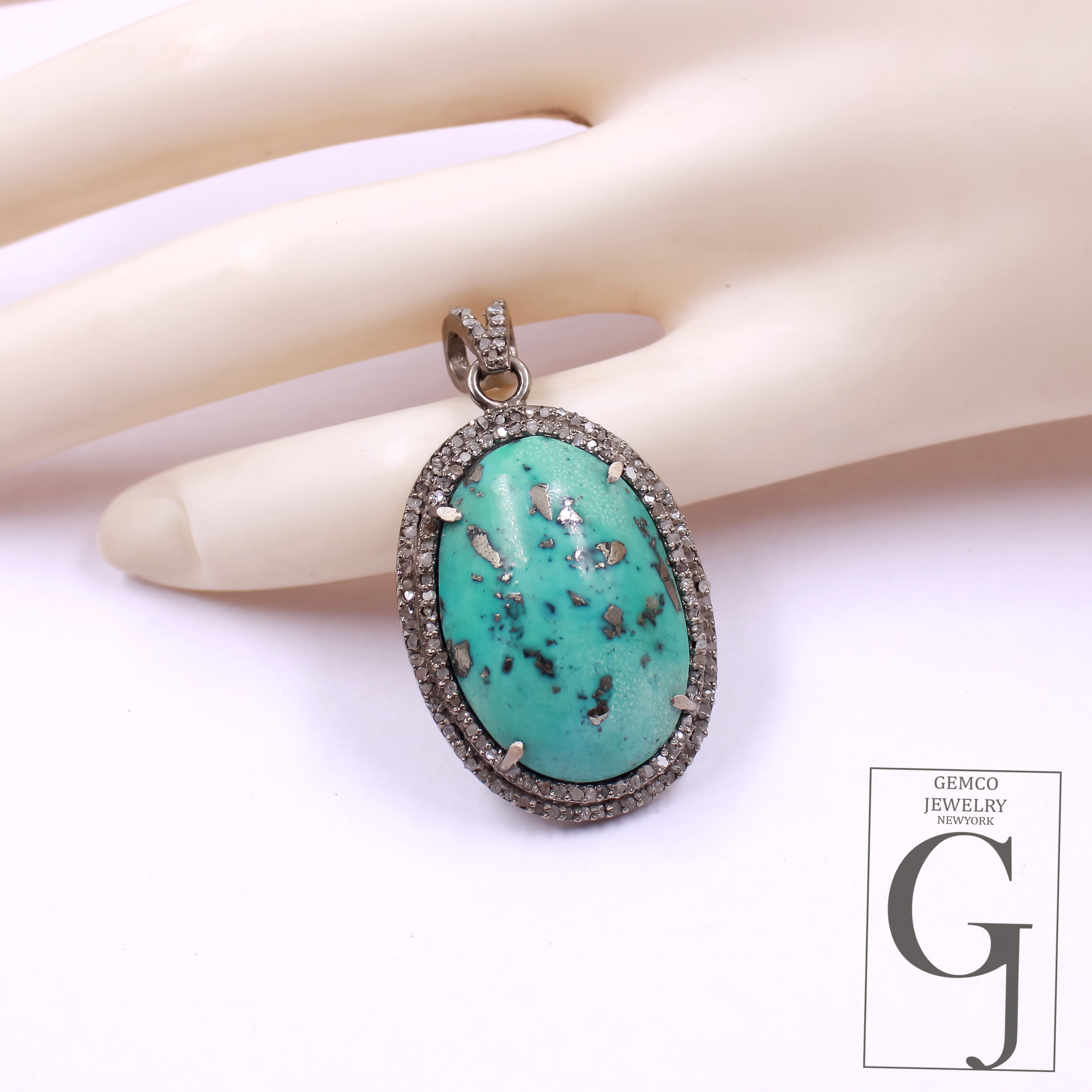 Natural Turquoise Pendant With Pave Diamonds - 925 Sterling Silver Handmade Finish Jewelry For Her