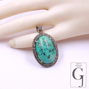 Natural Turquoise Pendant With Pave Diamonds - 925 Sterling Silver Handmade Finish Jewelry For Her