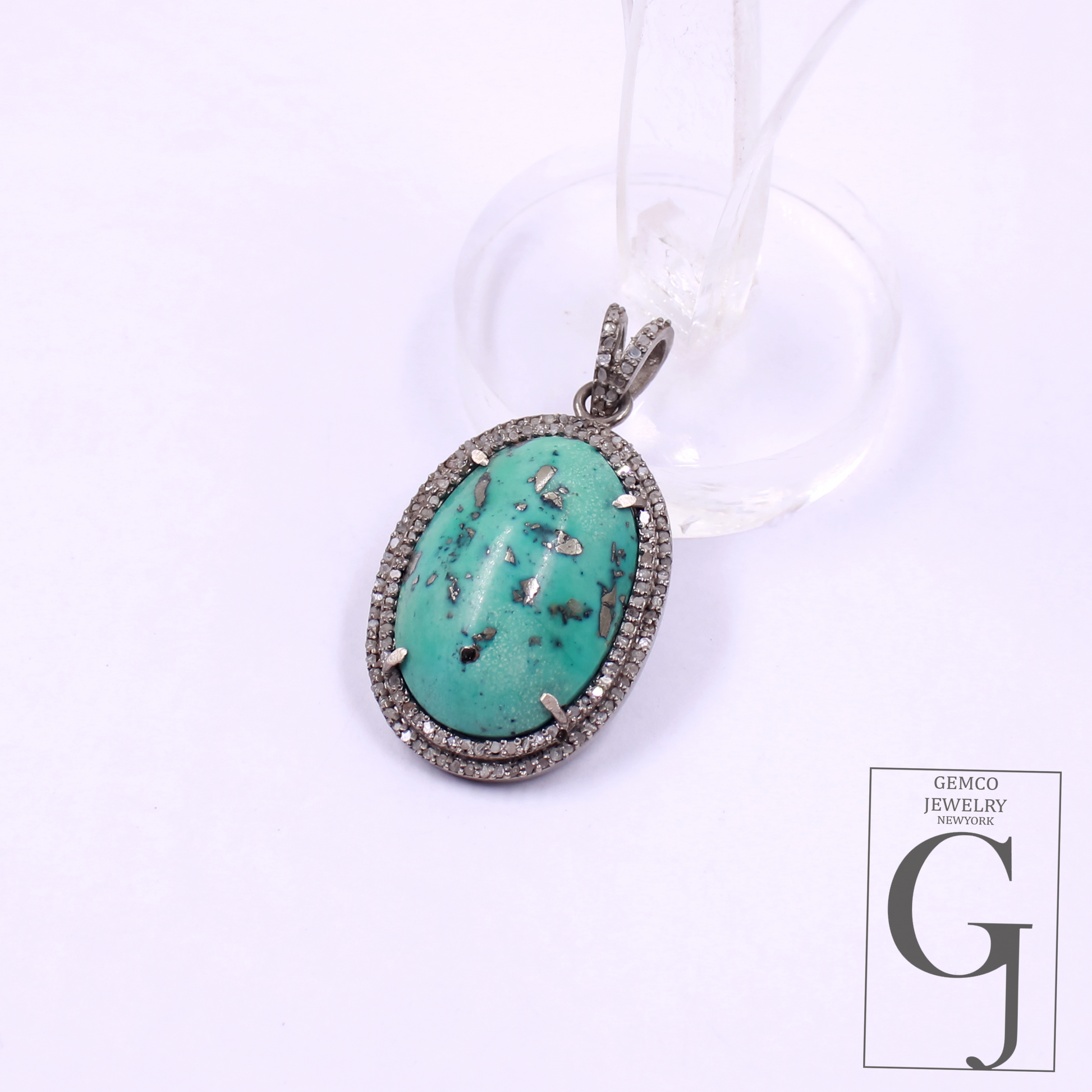 Natural Turquoise Pendant With Pave Diamonds - 925 Sterling Silver Handmade Finish Jewelry For Her
