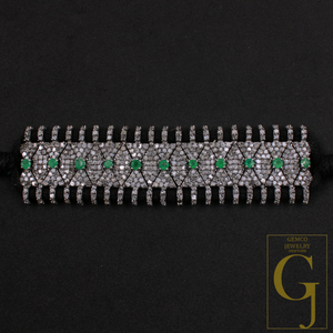Natural Emerald Thread Bracelet With Pave Diamond - 925 Sterling Silver Handmade Finish Diamond Jewelry Gift For Her