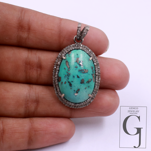 Natural Turquoise Pendant With Pave Diamonds - 925 Sterling Silver Handmade Finish Jewelry For Her