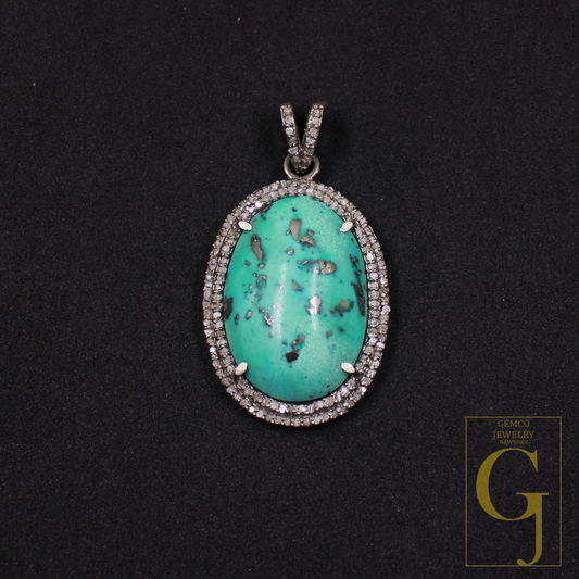 Natural Turquoise Pendant With Pave Diamonds - 925 Sterling Silver Handmade Finish Jewelry For Her