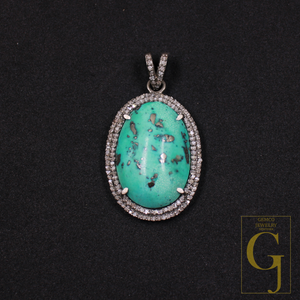 Natural Turquoise Pendant With Pave Diamonds - 925 Sterling Silver Handmade Finish Jewelry For Her