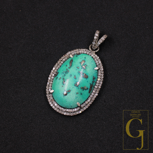 Natural Turquoise Pendant With Pave Diamonds - 925 Sterling Silver Handmade Finish Jewelry For Her