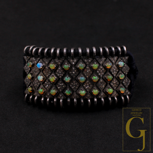 Designer Ethiopian Opal Thread Bracelet With Pave Diamonds - 925 Sterling Silver Handmade Finish Opal Bracelet