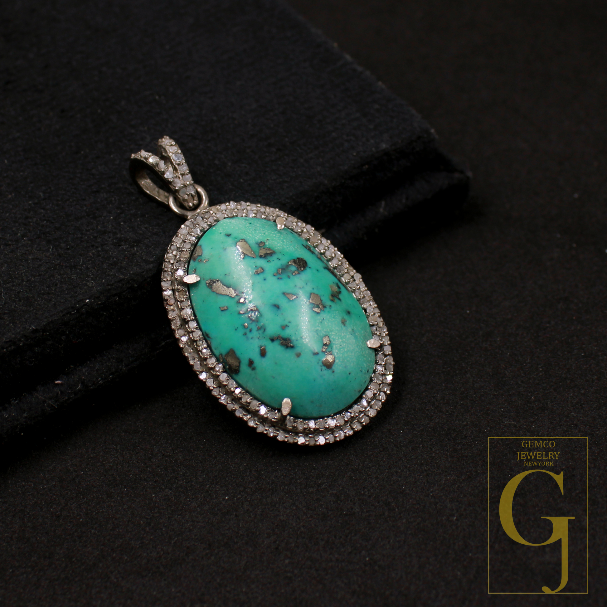 Natural Turquoise Pendant With Pave Diamonds - 925 Sterling Silver Handmade Finish Jewelry For Her