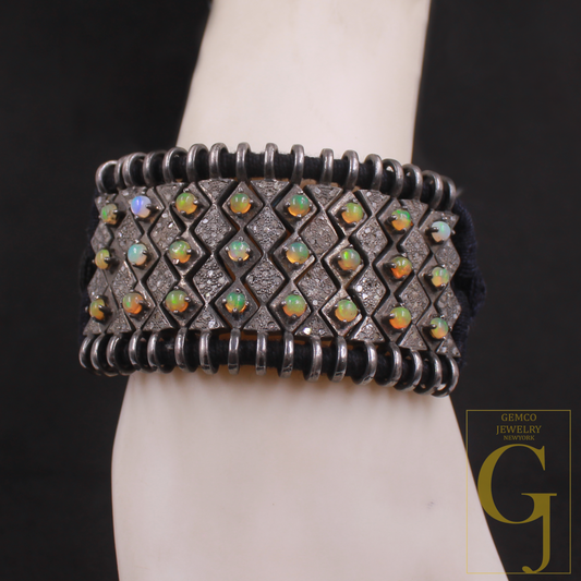 Designer Ethiopian Opal Thread Bracelet With Pave Diamonds - 925 Sterling Silver Handmade Finish Opal Bracelet