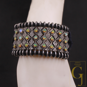 Designer Ethiopian Opal Thread Bracelet With Pave Diamonds - 925 Sterling Silver Handmade Finish Opal Bracelet