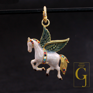 Designer Enamel Pagasus Pendant With Multi Sapphire And Lab Grown Diamond - 925 Sterling Silver Beautiful Jewelry For Her
