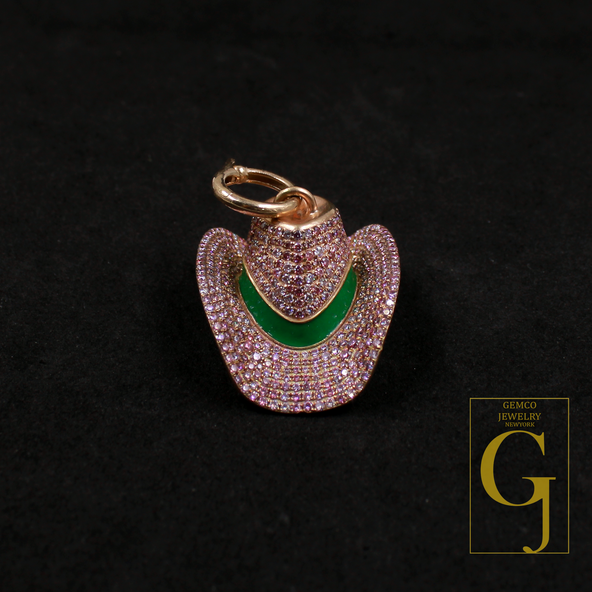 Designer Pink Moissanite Hat Pendant With Enamel Beautiful Moissanite 9k Gold Pendant