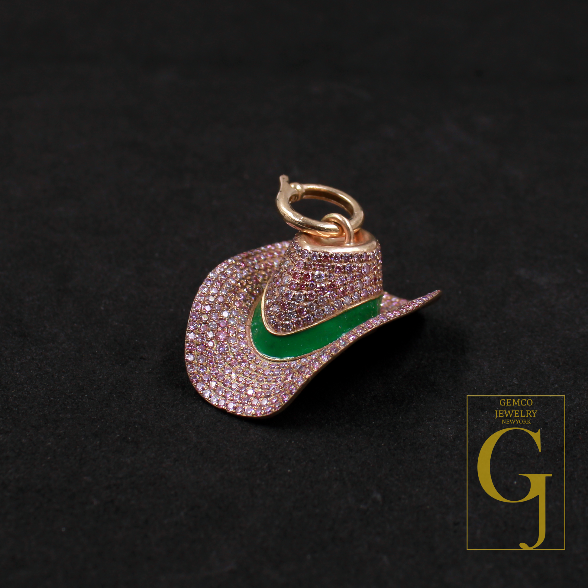 Designer Pink Moissanite Hat Pendant With Enamel Beautiful Moissanite 9k Gold Pendant