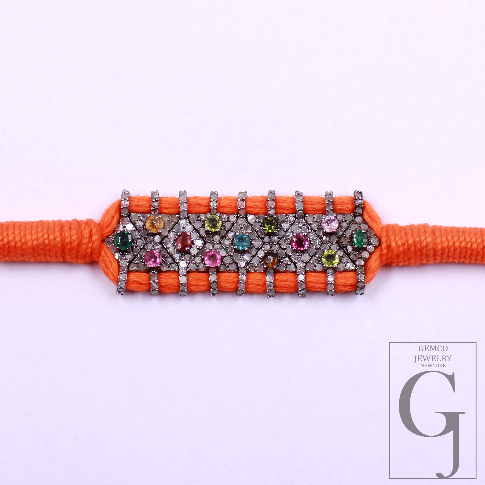 Designer Multi Tourmaline Thread Bracelet With Natural Diamond Handmade Finish Orange Thread Bracelet For Everyday Wear