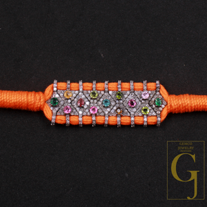 Designer Multi Tourmaline Thread Bracelet With Natural Diamond Handmade Finish Orange Thread Bracelet For Everyday Wear
