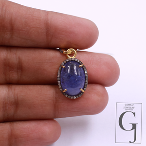 14k Finish Natural Tanzanite Pendant With Pave Diamonds Handmade Pendant Jewelry For Everyday Wear