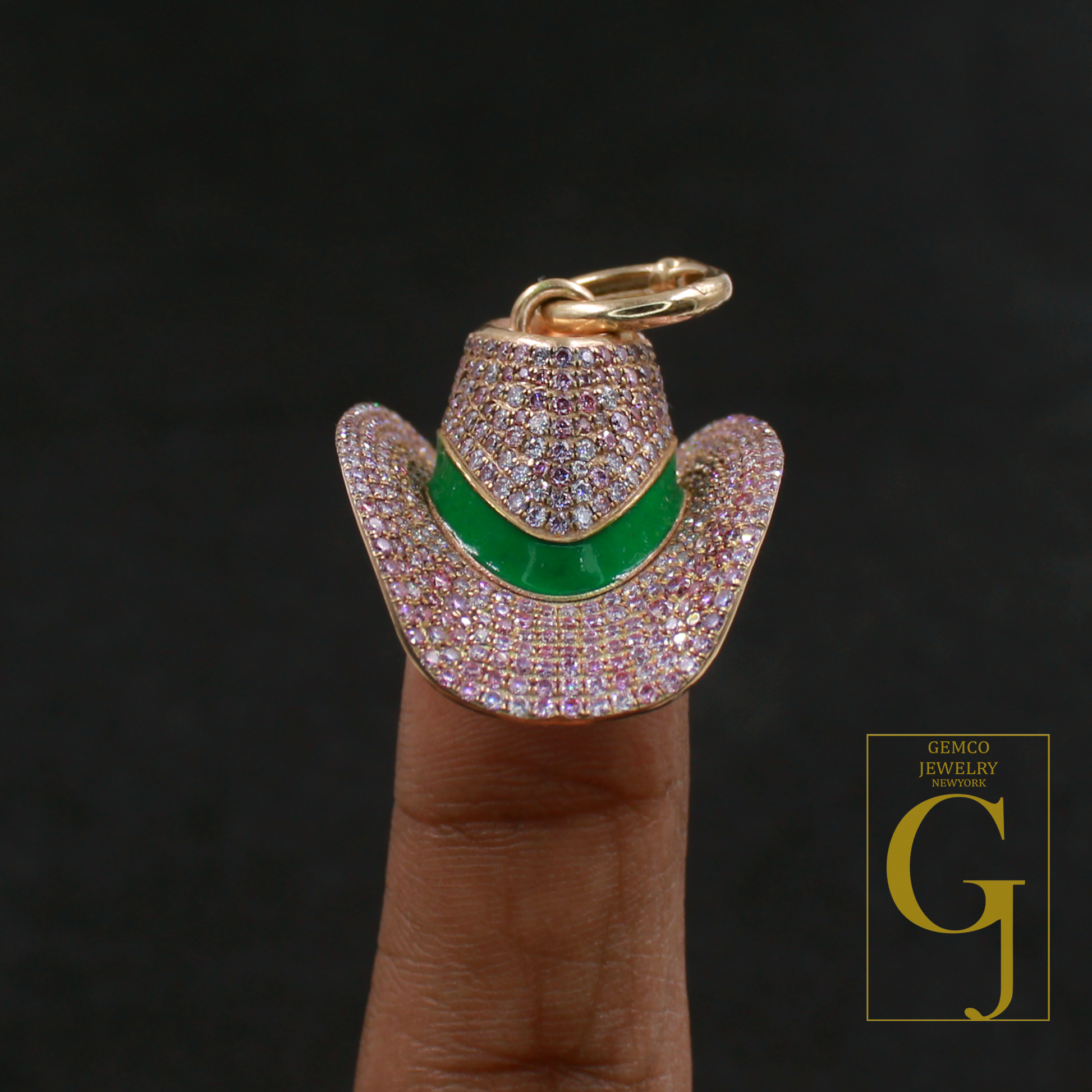 Designer Pink Moissanite Hat Pendant With Enamel Beautiful Moissanite 9k Gold Pendant