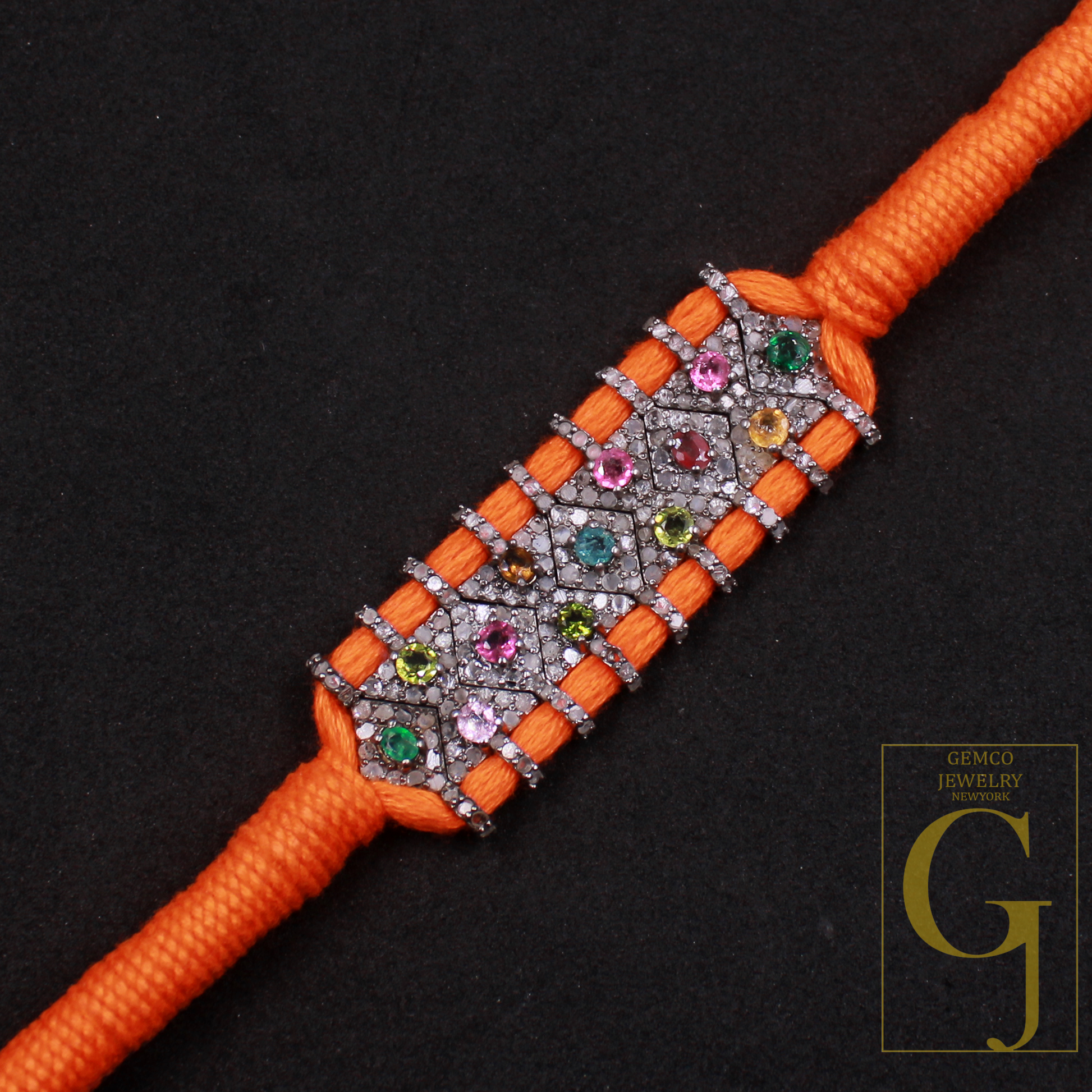 Designer Multi Tourmaline Thread Bracelet With Natural Diamond Handmade Finish Orange Thread Bracelet For Everyday Wear