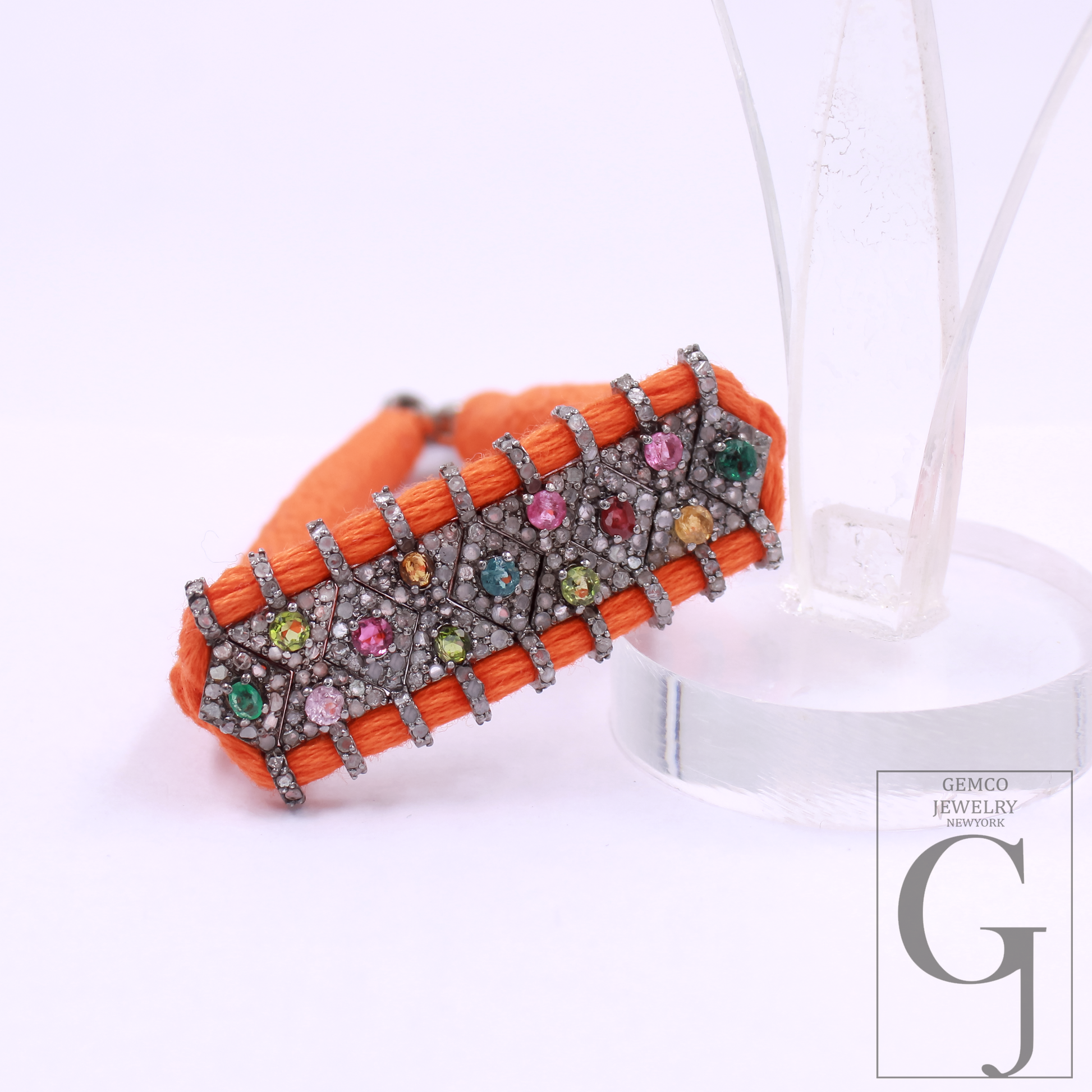 Designer Multi Tourmaline Thread Bracelet With Natural Diamond Handmade Finish Orange Thread Bracelet For Everyday Wear