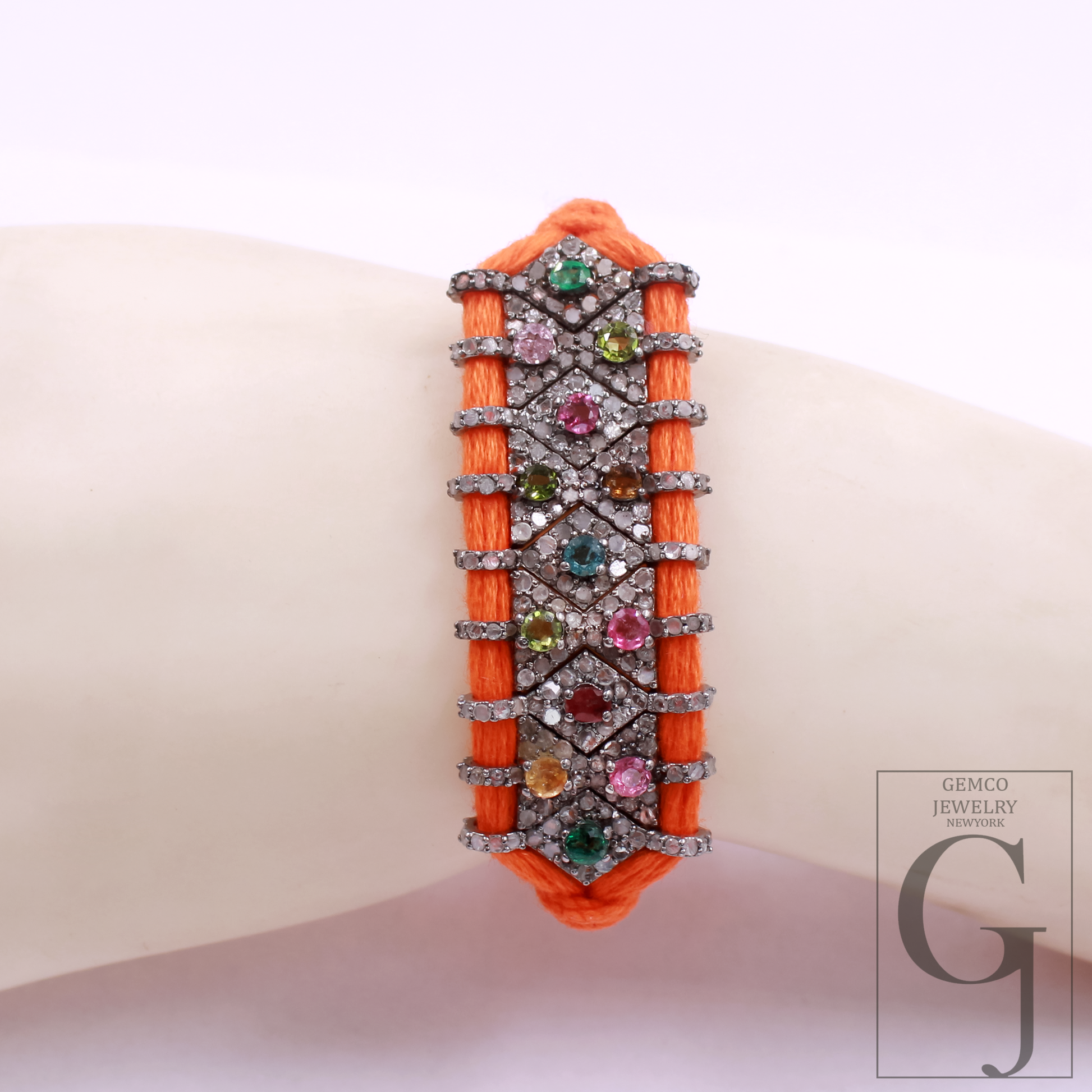 Designer Multi Tourmaline Thread Bracelet With Natural Diamond Handmade Finish Orange Thread Bracelet For Everyday Wear