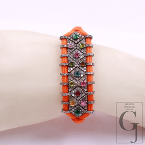 Designer Multi Tourmaline Thread Bracelet With Natural Diamond Handmade Finish Orange Thread Bracelet For Everyday Wear