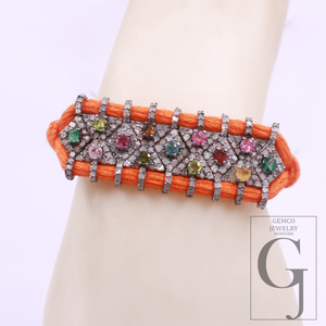 Designer Multi Tourmaline Thread Bracelet With Natural Diamond Handmade Finish Orange Thread Bracelet For Everyday Wear