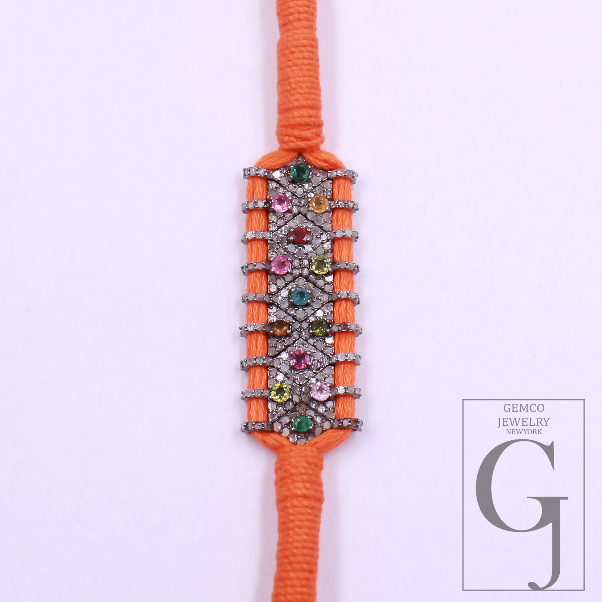 Designer Multi Tourmaline Thread Bracelet With Natural Diamond Handmade Finish Orange Thread Bracelet For Everyday Wear