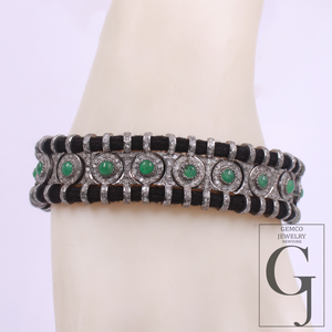 One Of A Kind Emerald Thread Bracelet With Pave Diamond 925 Sterling Silver Diamond Jewelry Gift For Her