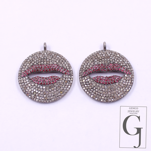 Ruby Lips Pendant With Rosecut Pave Diamonds - 925 Sterling Silver Handmade Pendant Jewelry For Her