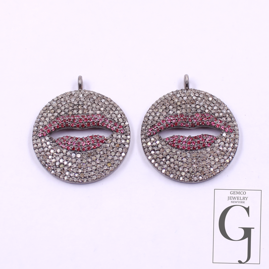 Ruby Lips Pendant With Rosecut Pave Diamonds - 925 Sterling Silver Handmade Pendant Jewelry For Her