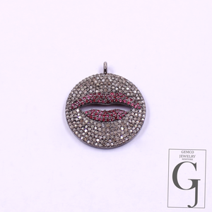 Ruby Lips Pendant With Rosecut Pave Diamonds - 925 Sterling Silver Handmade Pendant Jewelry For Her