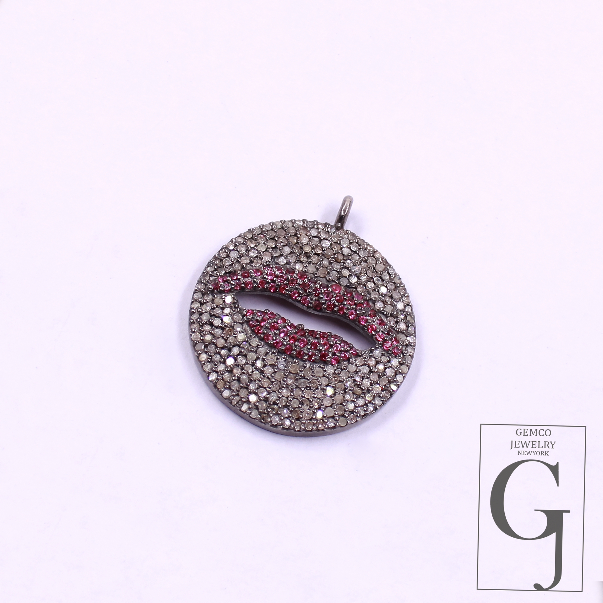 Ruby Lips Pendant With Rosecut Pave Diamonds - 925 Sterling Silver Handmade Pendant Jewelry For Her