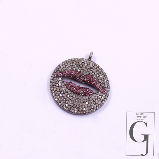 Ruby Lips Pendant With Rosecut Pave Diamonds - 925 Sterling Silver Handmade Pendant Jewelry For Her