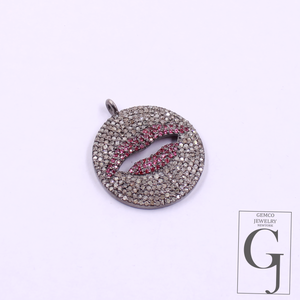 Ruby Lips Pendant With Rosecut Pave Diamonds - 925 Sterling Silver Handmade Pendant Jewelry For Her