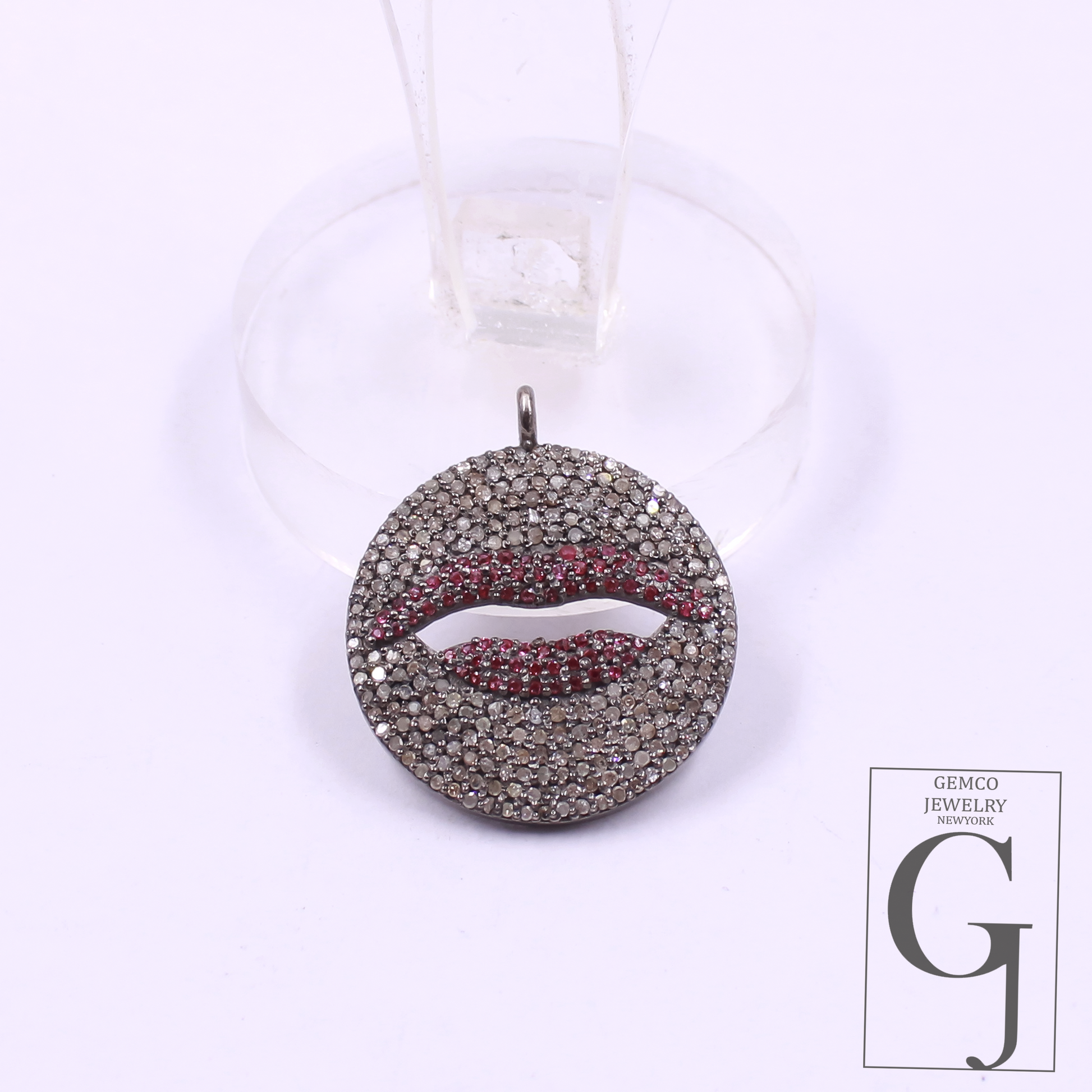 Ruby Lips Pendant With Rosecut Pave Diamonds - 925 Sterling Silver Handmade Pendant Jewelry For Her