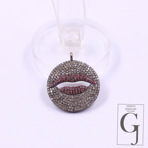 Ruby Lips Pendant With Rosecut Pave Diamonds - 925 Sterling Silver Handmade Pendant Jewelry For Her