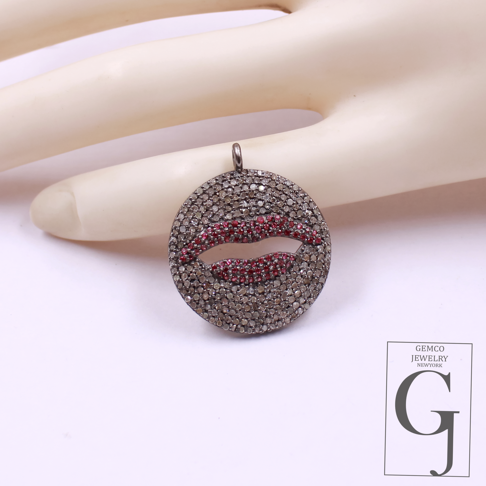 Ruby Lips Pendant With Rosecut Pave Diamonds - 925 Sterling Silver Handmade Pendant Jewelry For Her